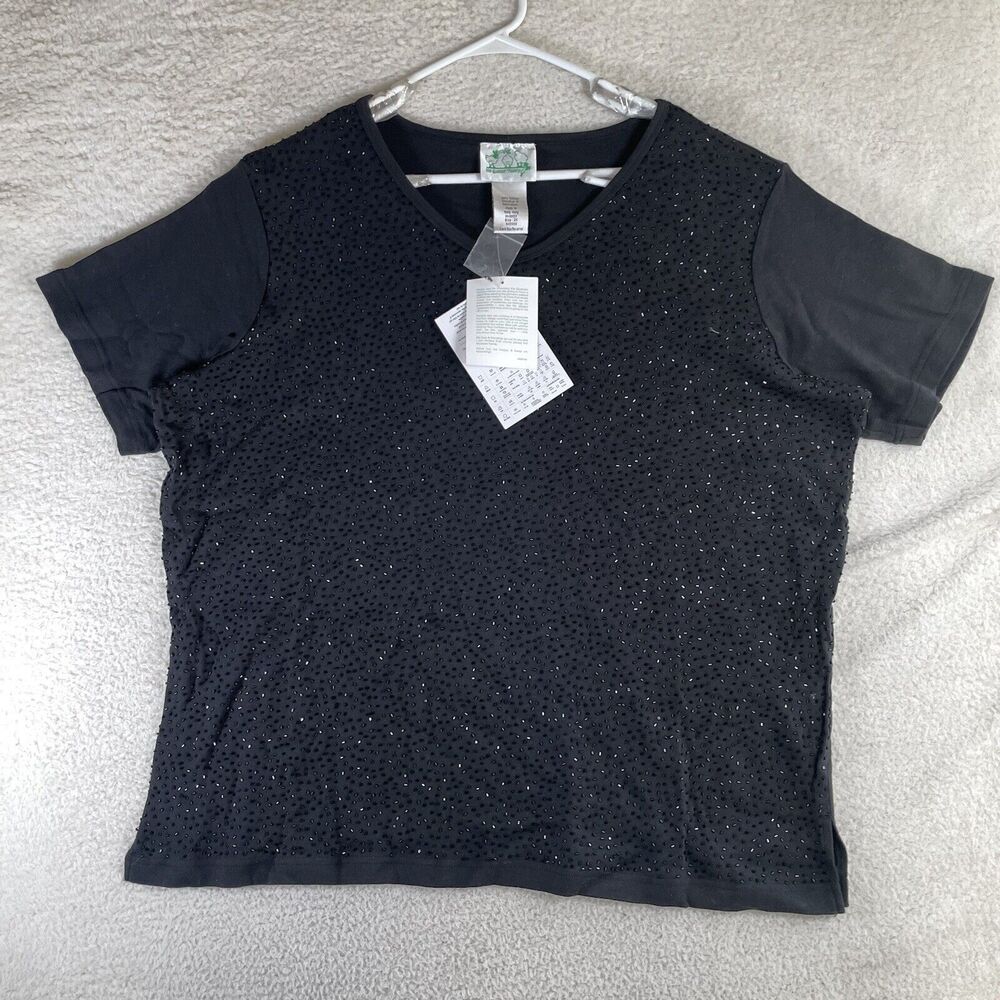 Quacker Factory Shirt Top Womens 2X Beaded QVC Black V-Neck Short Sleeve